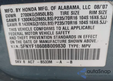 2008 Honda Pilot Ex-L from USA, damaged, VIN 5FNYF18608B009830